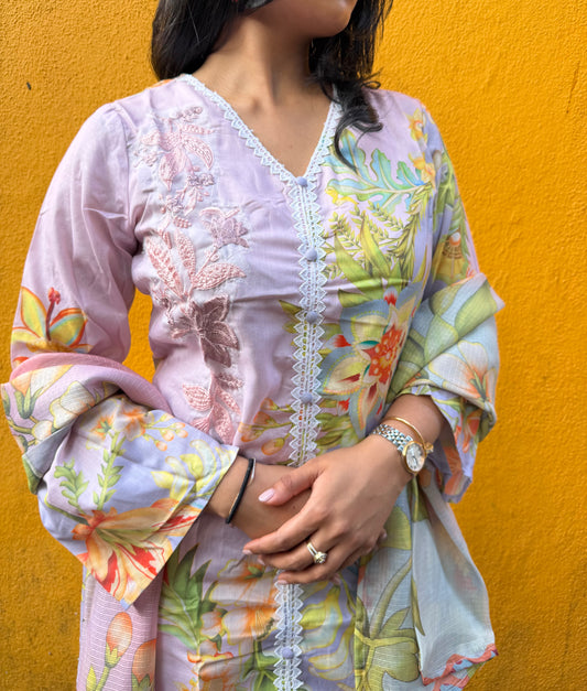Lavender Cotton Printed Straight Suit Set