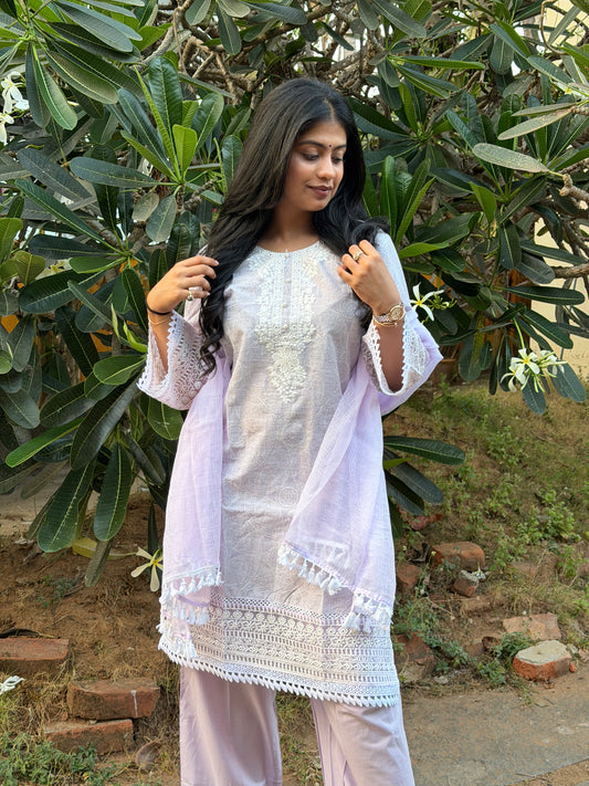 LAVENDER COTTON STRAIGHT KURTA WITH PANT AND DUPATTA