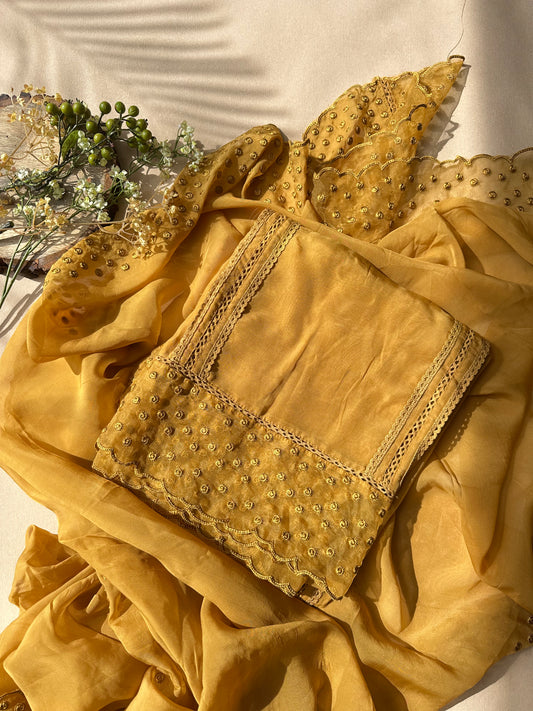 Mustard Pure Organza with Cutwork Embroidery