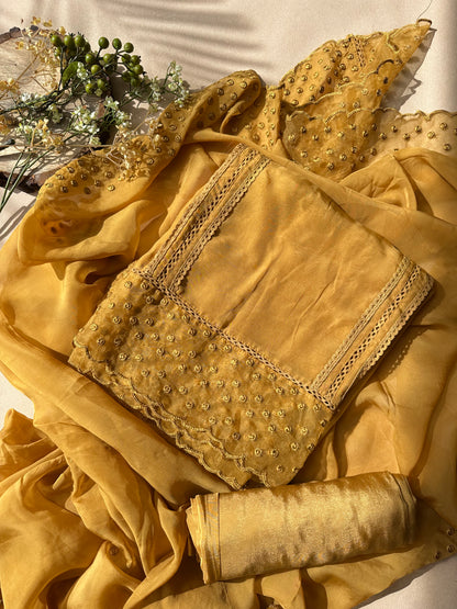 Mustard Pure Organza with Cutwork Embroidery