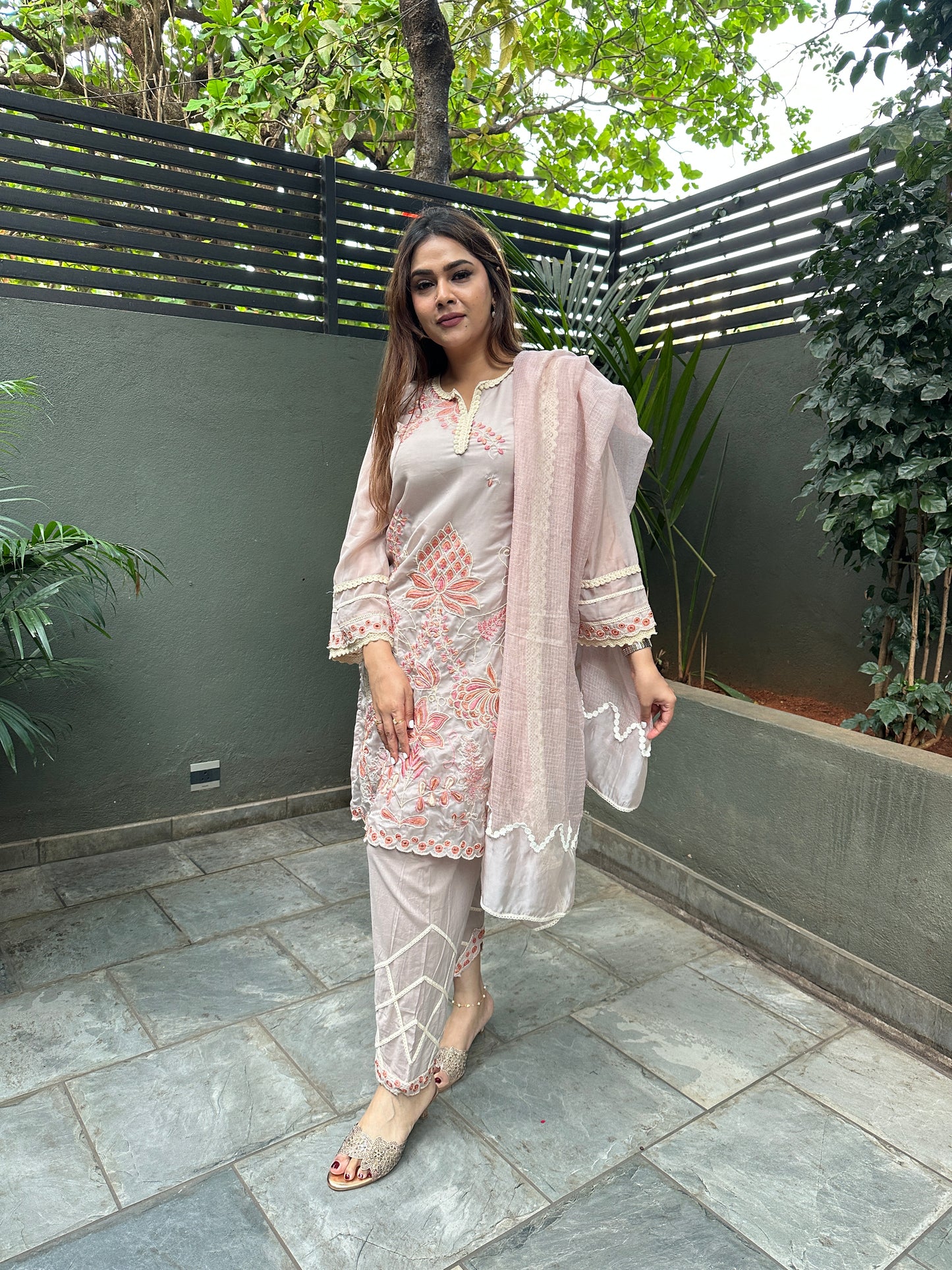 Brown Organza Embroidered Straight Suit Set