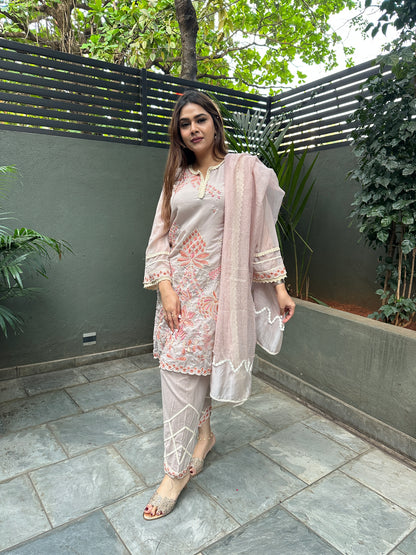 Brown Organza Embroidered Straight Suit Set