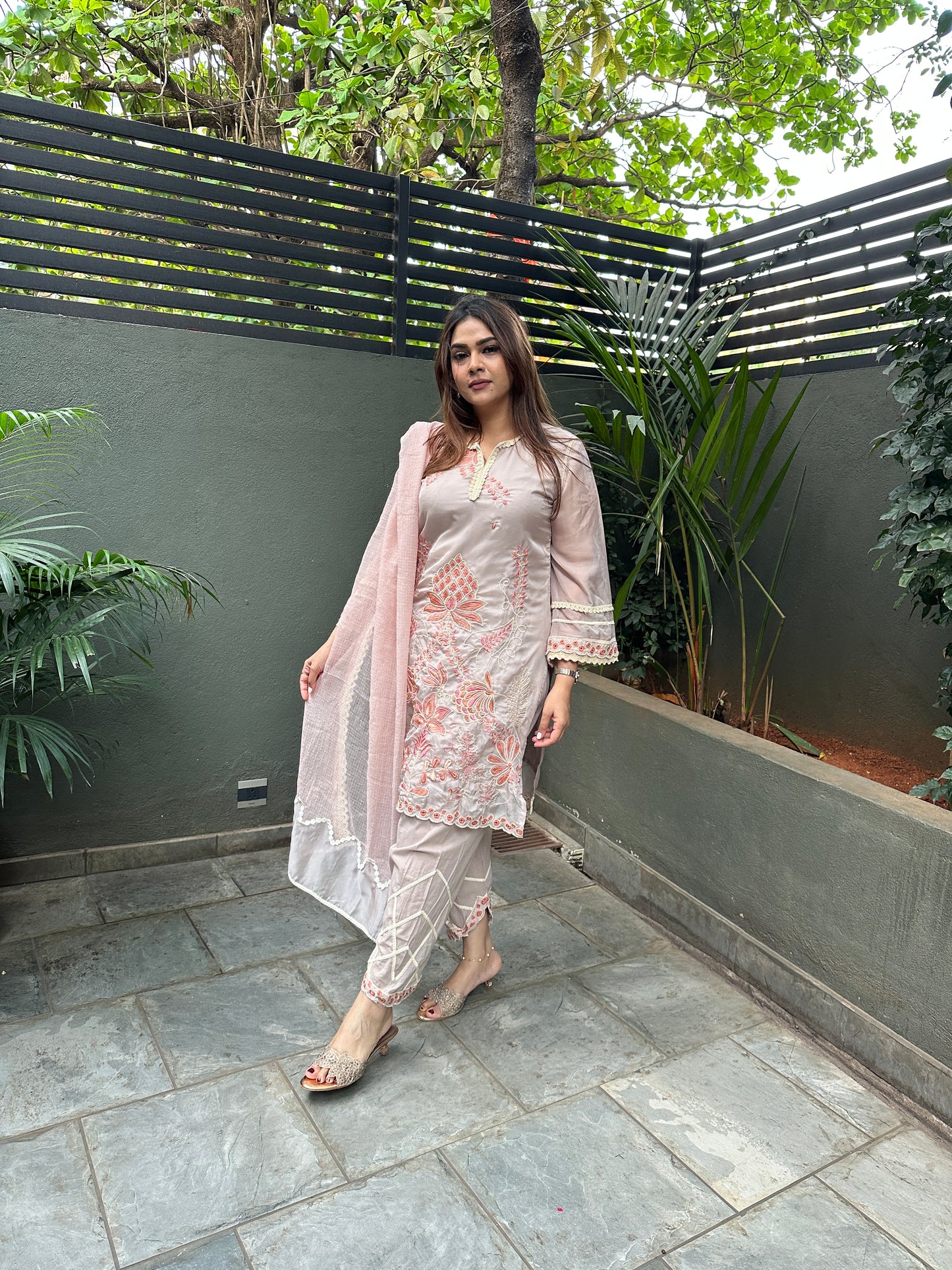 Brown Organza Embroidered Straight Suit Set
