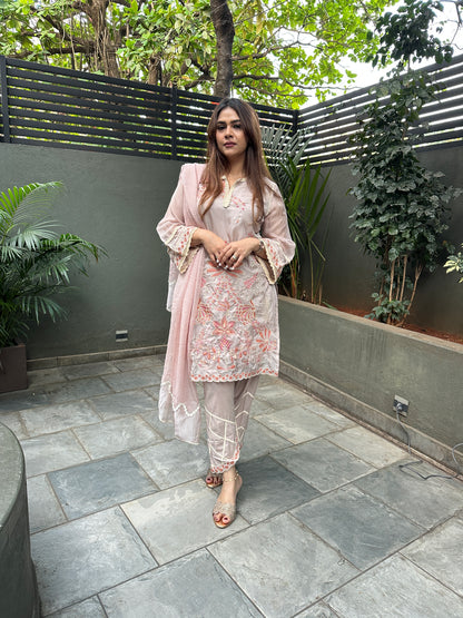 Brown Organza Embroidered Straight Suit Set