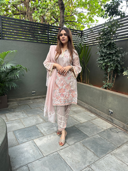 Brown Organza Embroidered Straight Suit Set