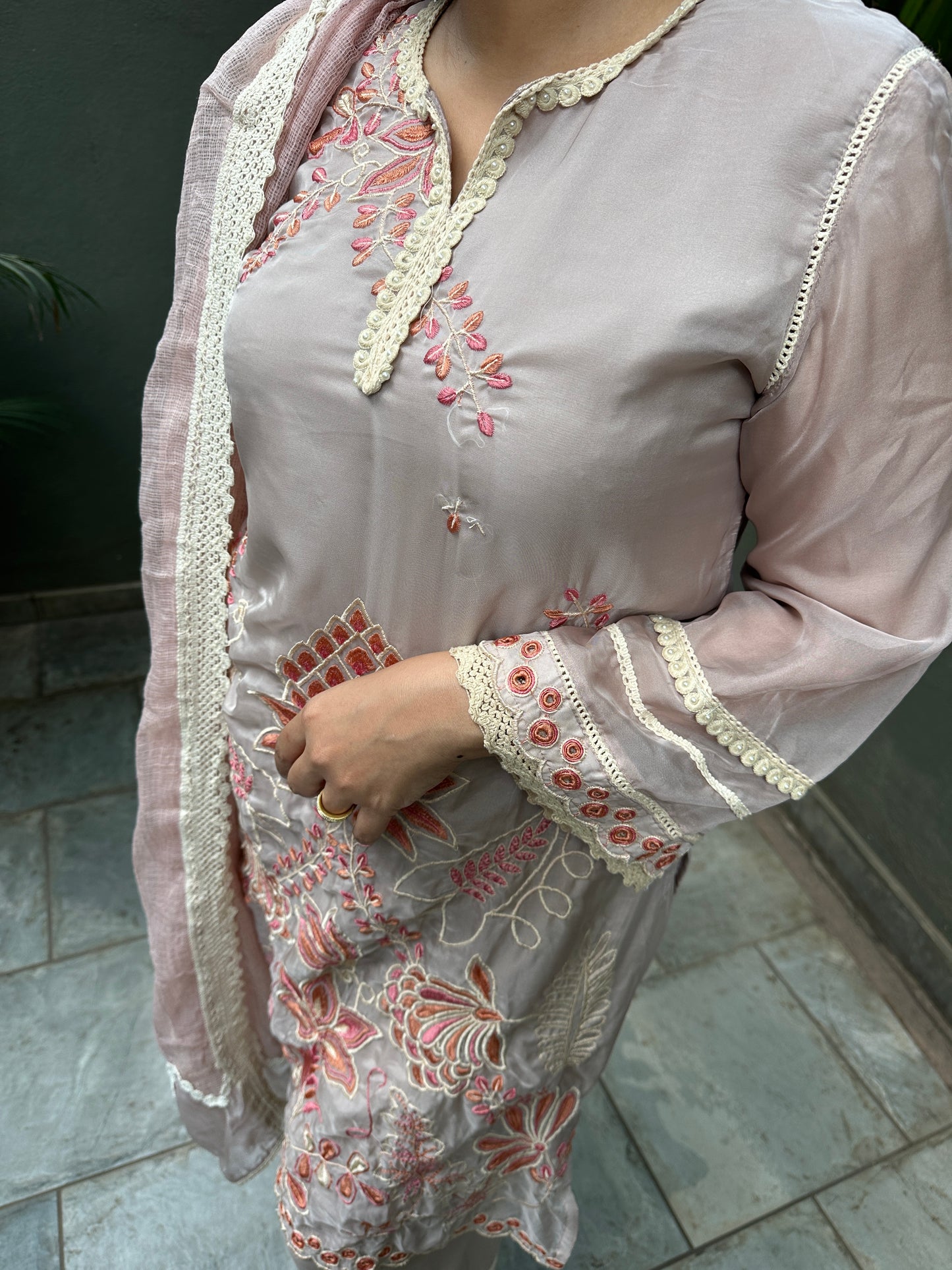 Brown Organza Embroidered Straight Suit Set