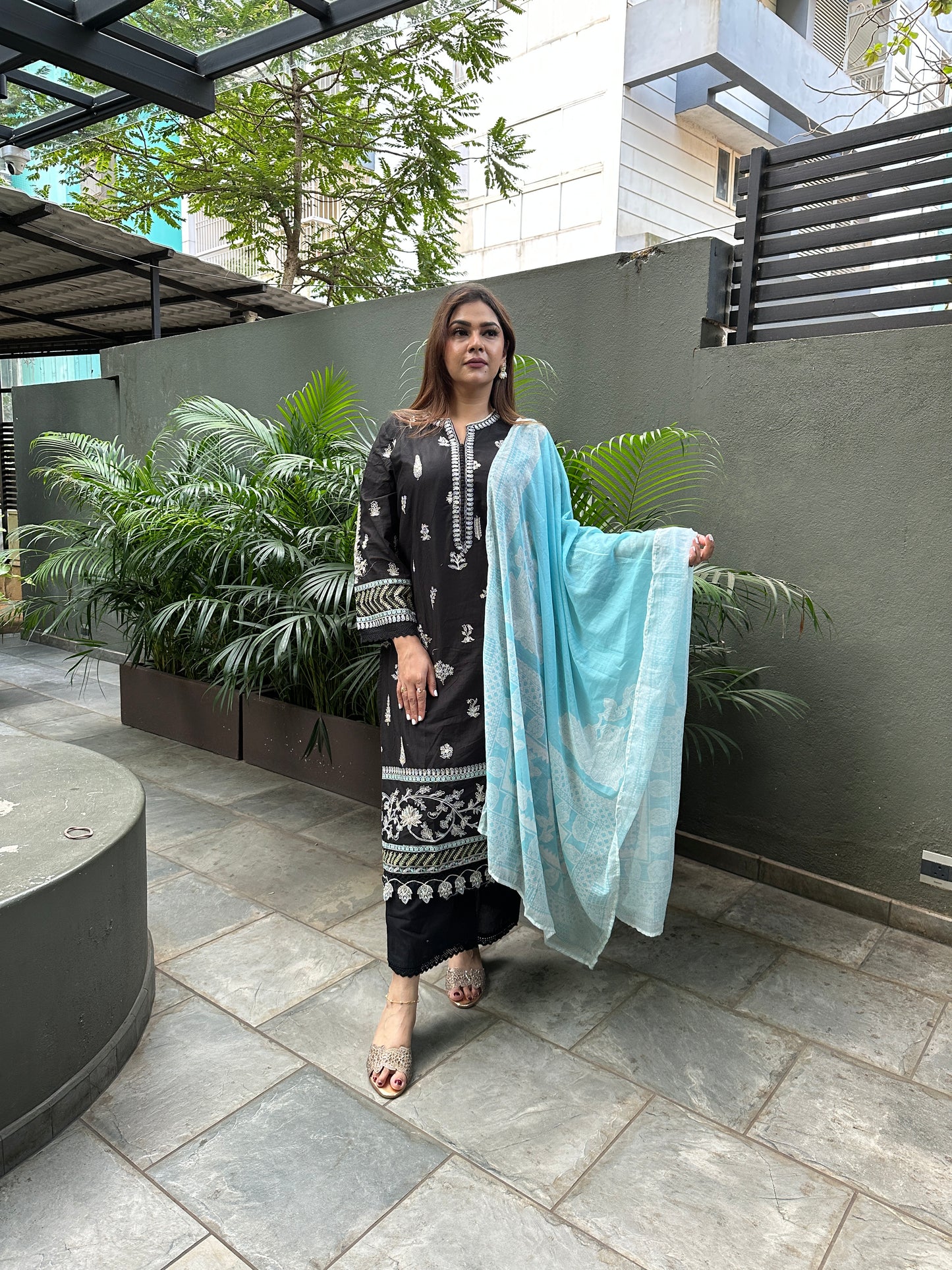 Black Embroidered Cotton Suit Set