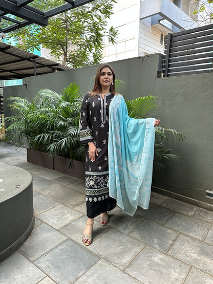 Black Embroidered Cotton Suit Set