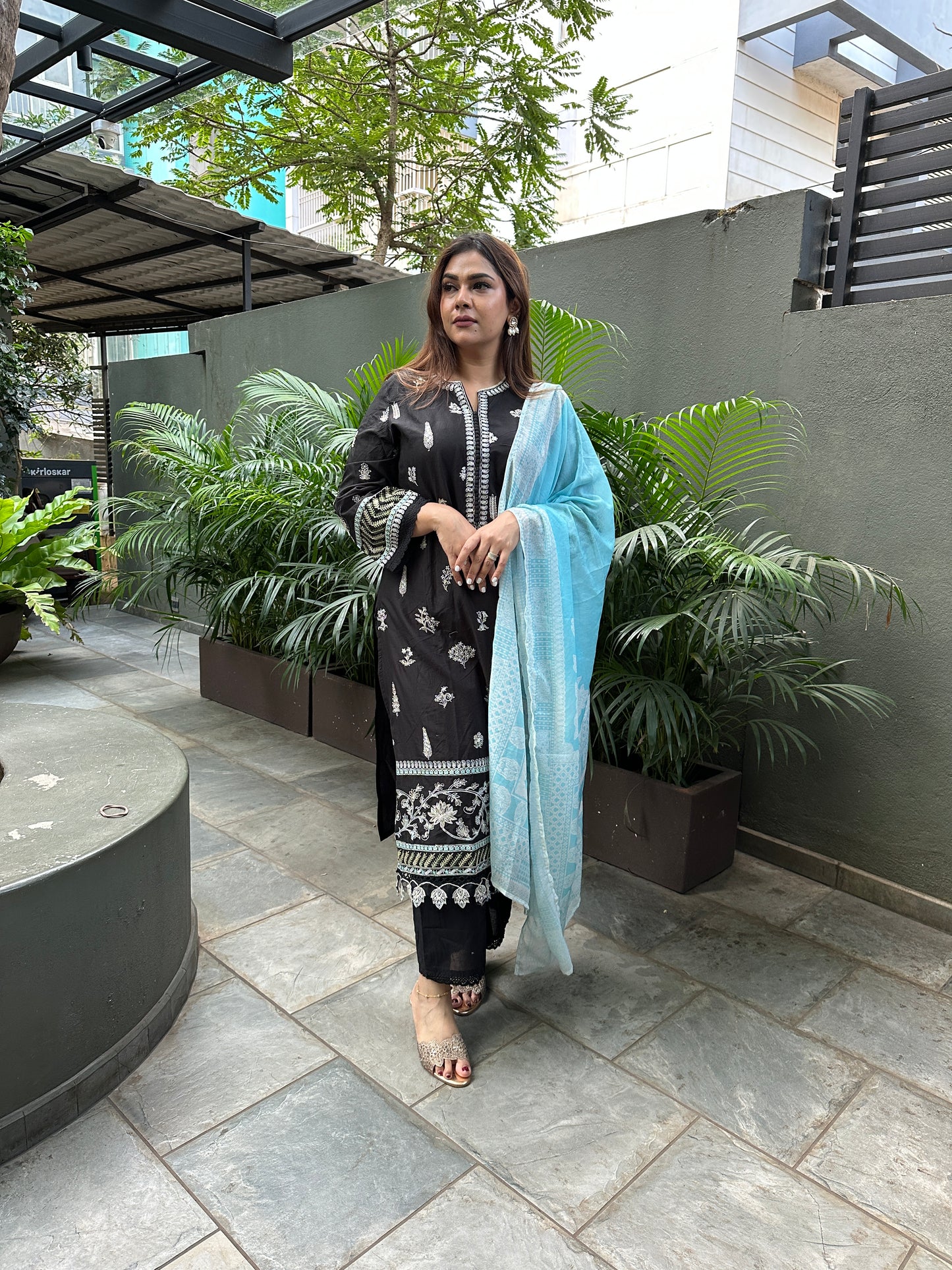 Black Embroidered Cotton Suit Set