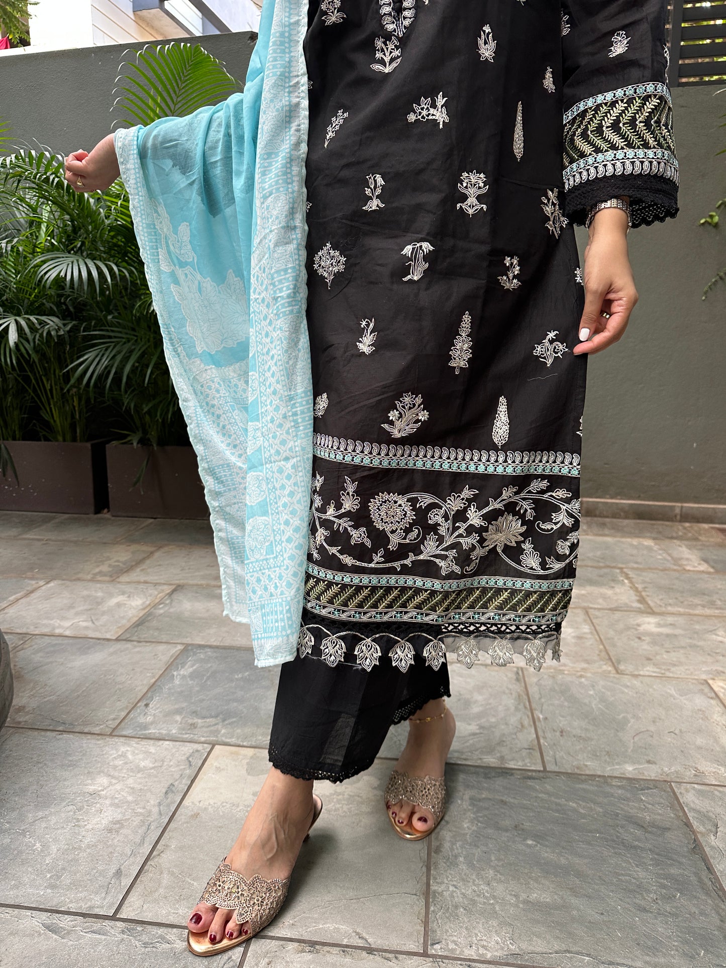 Black Embroidered Cotton Suit Set