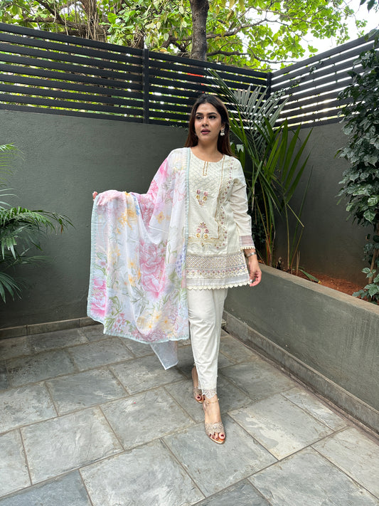 IVORY COTTON STRAIGHT KURTA WITH PANT AND DUPATTA