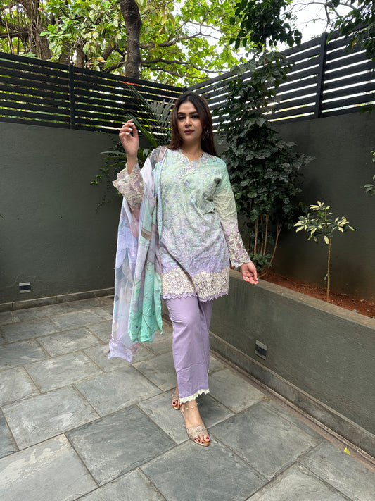 GREEN COTTON STRAIGHT KURTA WITH PANT AND DUPATTA