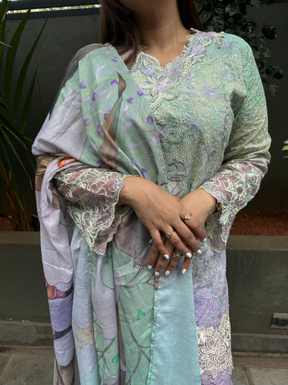 GREEN COTTON STRAIGHT KURTA WITH PANT AND DUPATTA