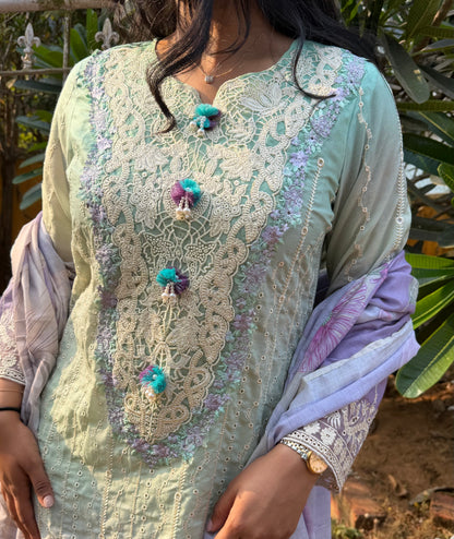 GREEN COTTON STRAIGHT KURTA WITH PANT AND DUPATTA