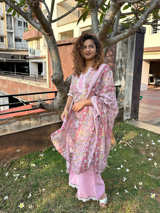 Pink Multicolor Cotton Printed Straight Cut Suit