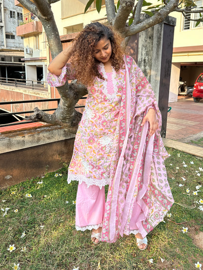 Pink Multicolor Cotton Printed Straight Cut Suit