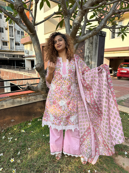 Pink Multicolor Cotton Printed Straight Cut Suit