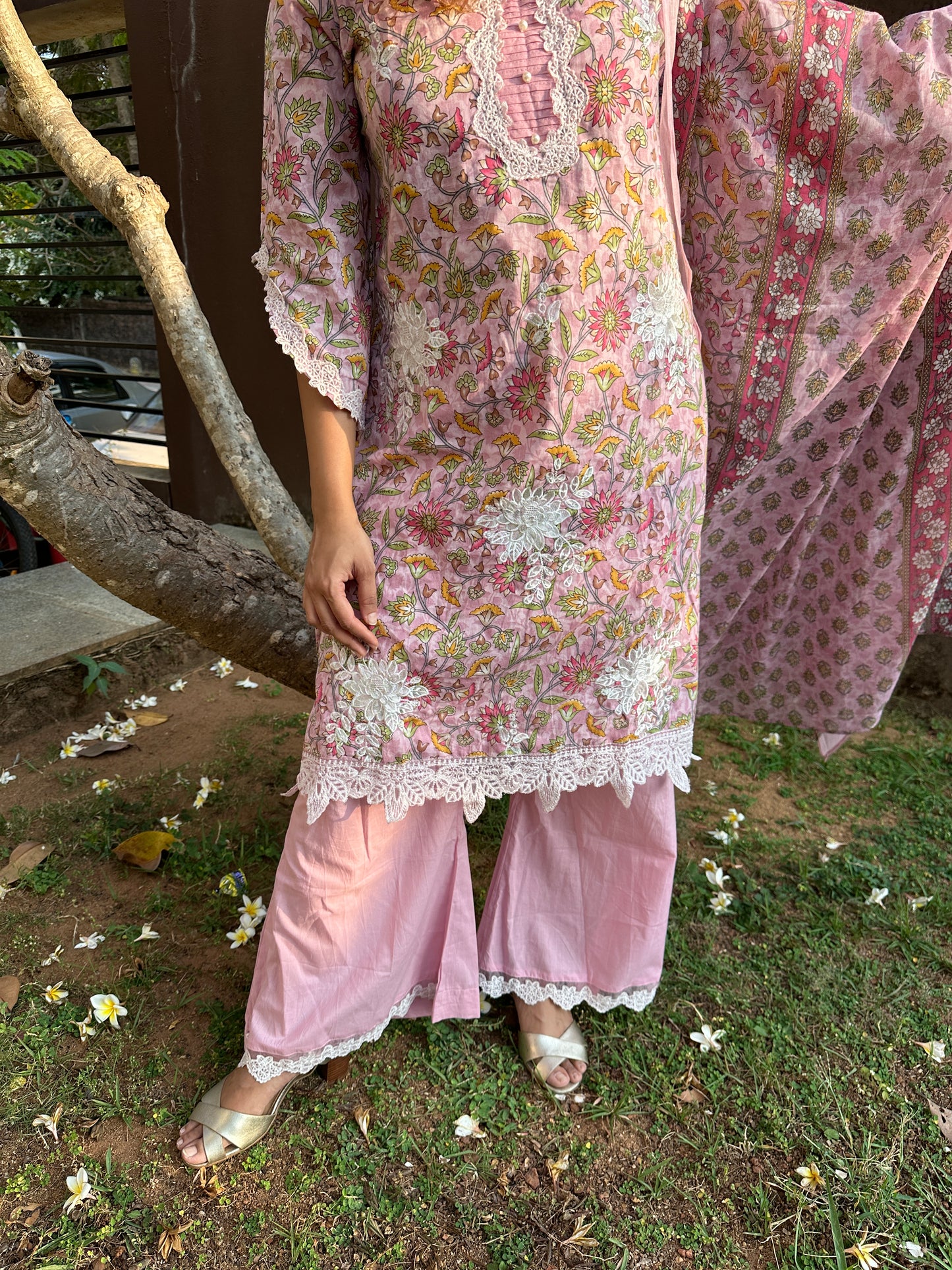 Pink Multicolor Cotton Printed Straight Cut Suit