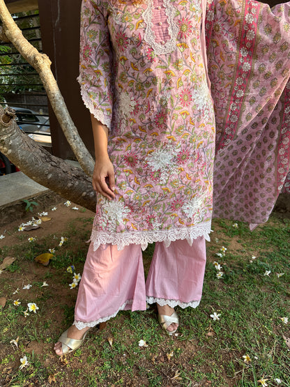 Pink Multicolor Cotton Printed Straight Cut Suit