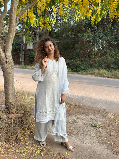 GREY COTTON STRAIGHT KURTA WITH PANT AND DUPATTA