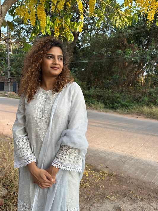 GREY COTTON STRAIGHT KURTA WITH PANT AND DUPATTA