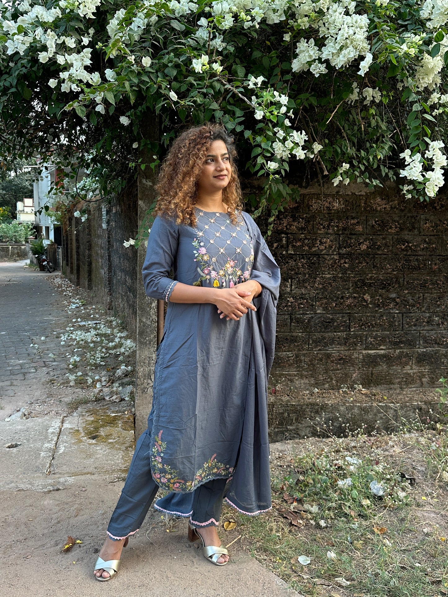 Charcoal Grey Cotton Handwork Straight Suit