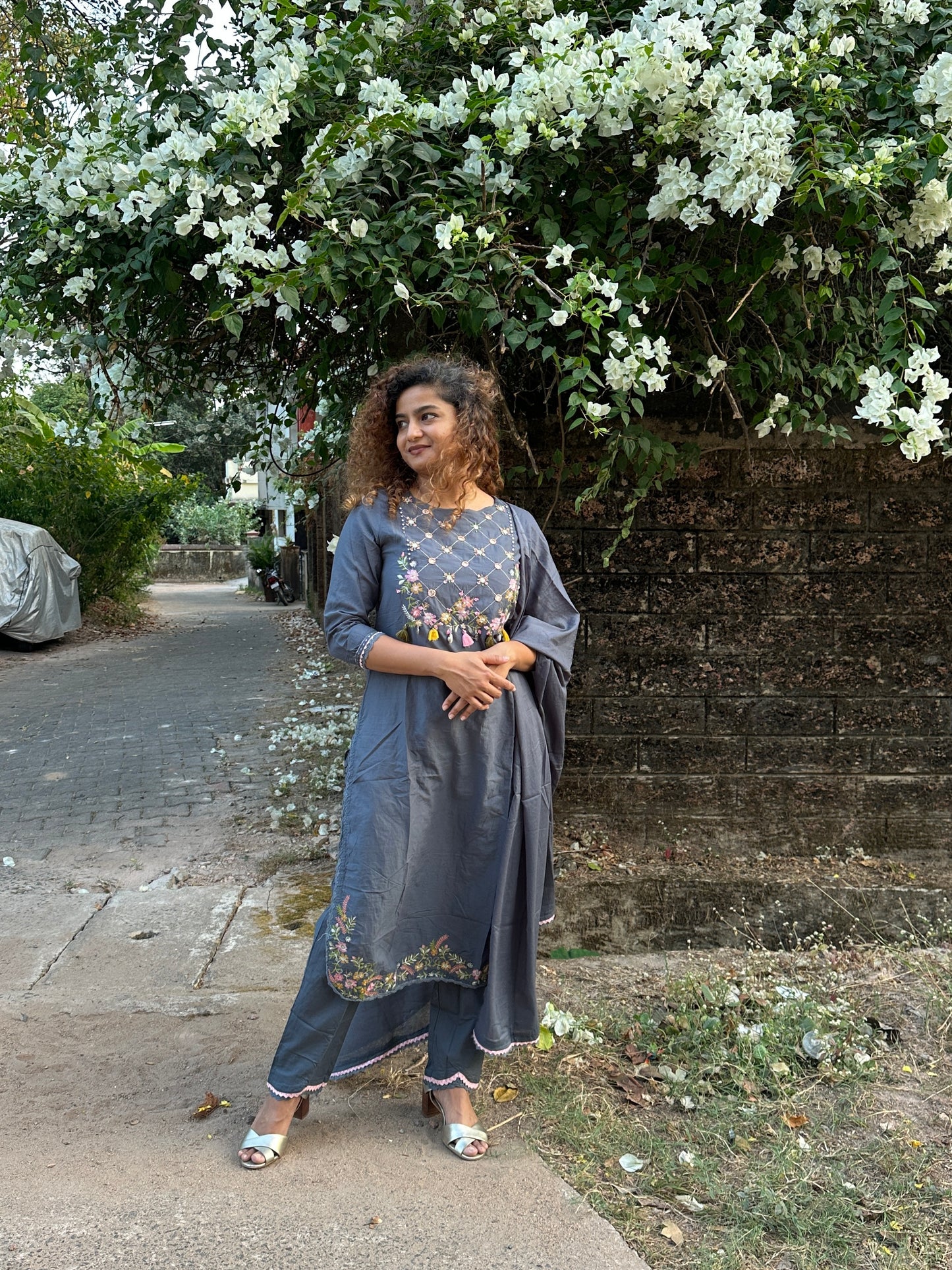 Charcoal Grey Cotton Handwork Straight Suit