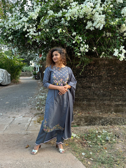 Charcoal Grey Cotton Handwork Straight Suit