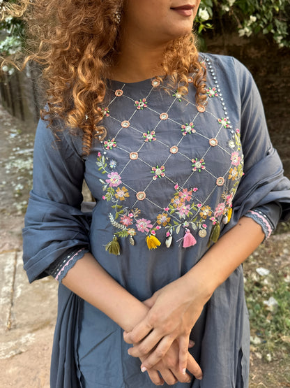Charcoal Grey Cotton Handwork Straight Suit