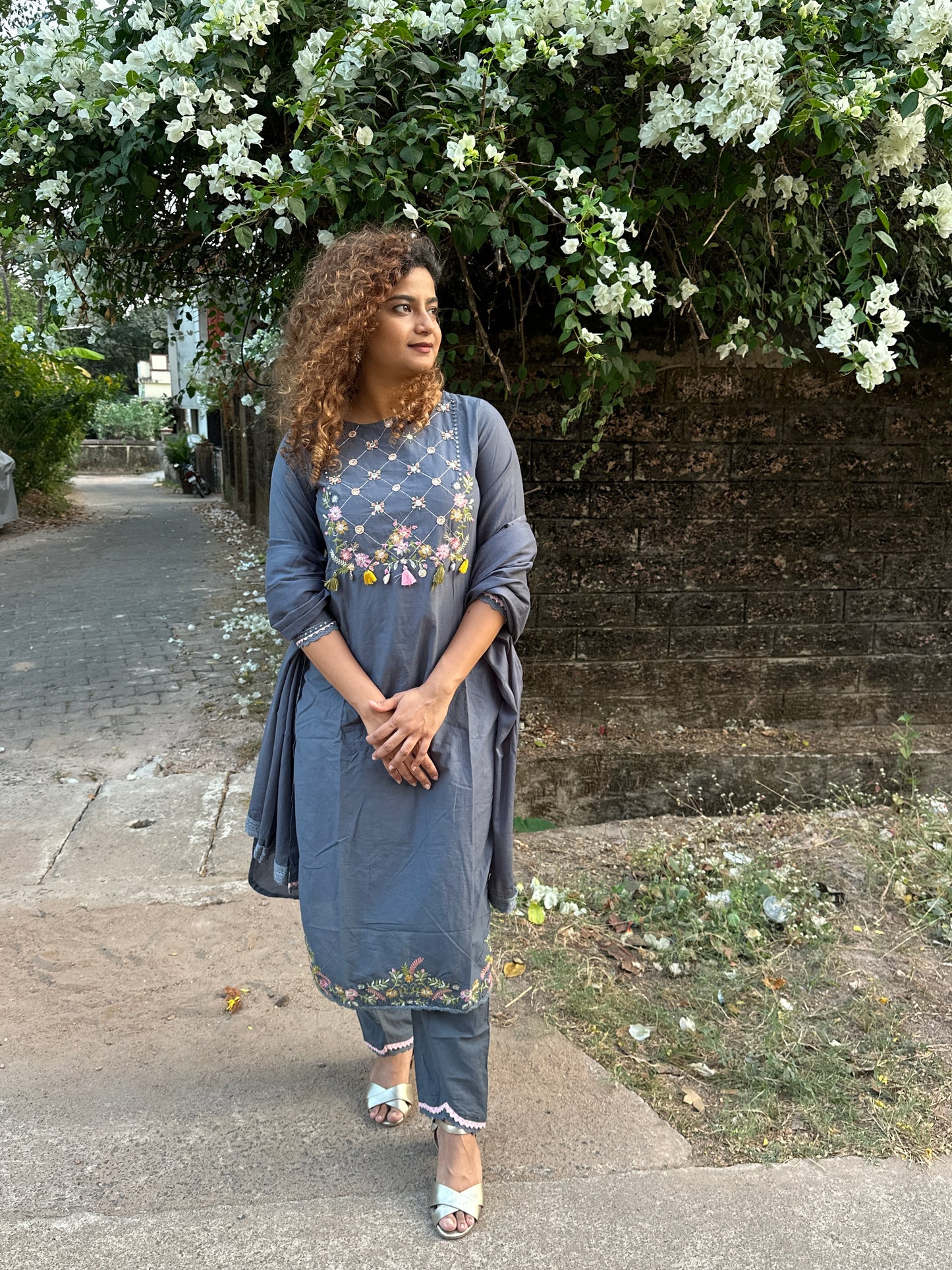 Charcoal Grey Cotton Handwork Straight Suit