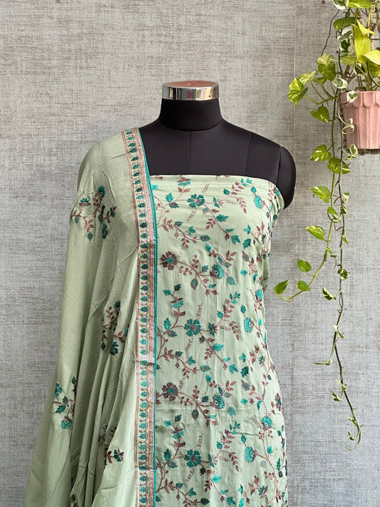 Teal Green Pure Crepe with Floral Thread Embroidery