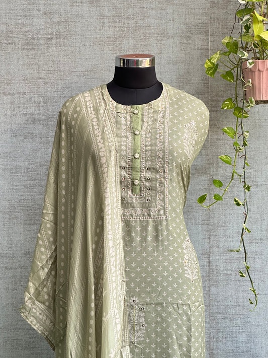 Pistachio Green Muslin with Digital Print and Bead Embroidery