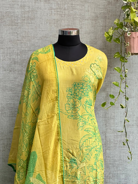 Neon Yellow Muslin with Digital Print