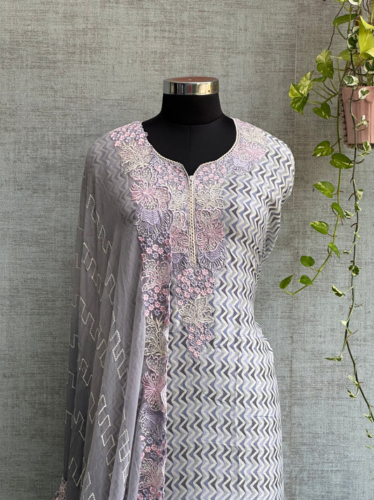 Lavender Muslin with Digital Print and Floral Embroidery