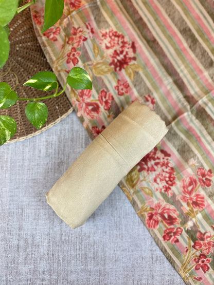 Beige and Red Shimmer Tissue with Floral Strip Print and Zari Work