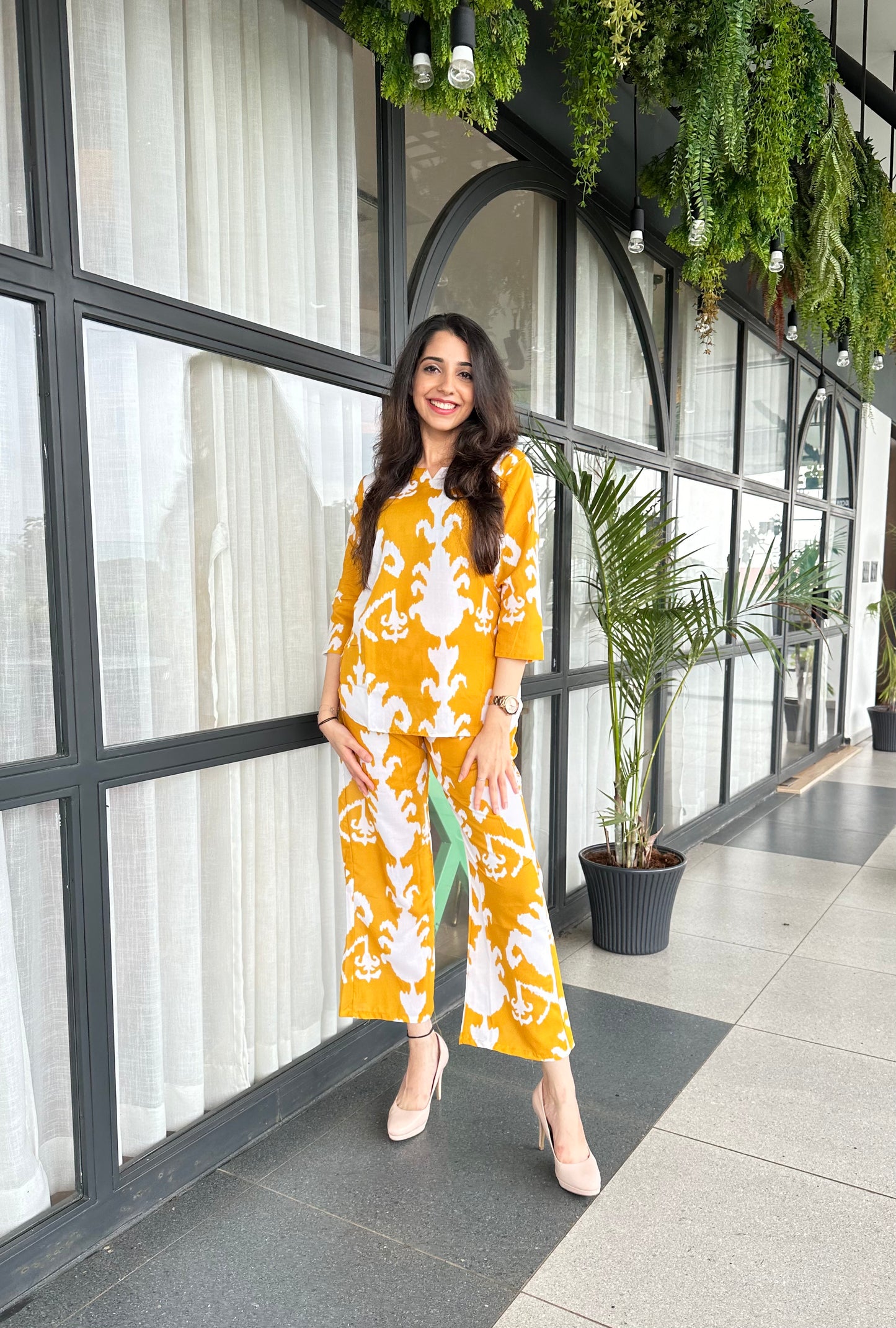 Printed Amber Yellow Lounge Wear Cotton Co-ord Set