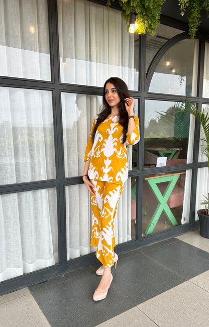 Printed Amber Yellow Lounge Wear Cotton Co-ord Set