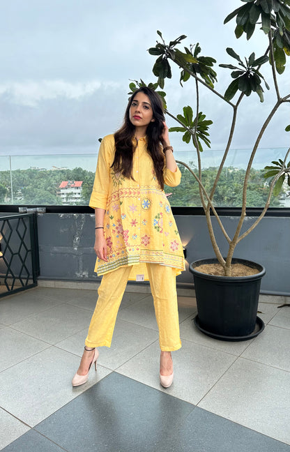 Floral Embroidered Sunrise Yellow Cotton Co-ord Set