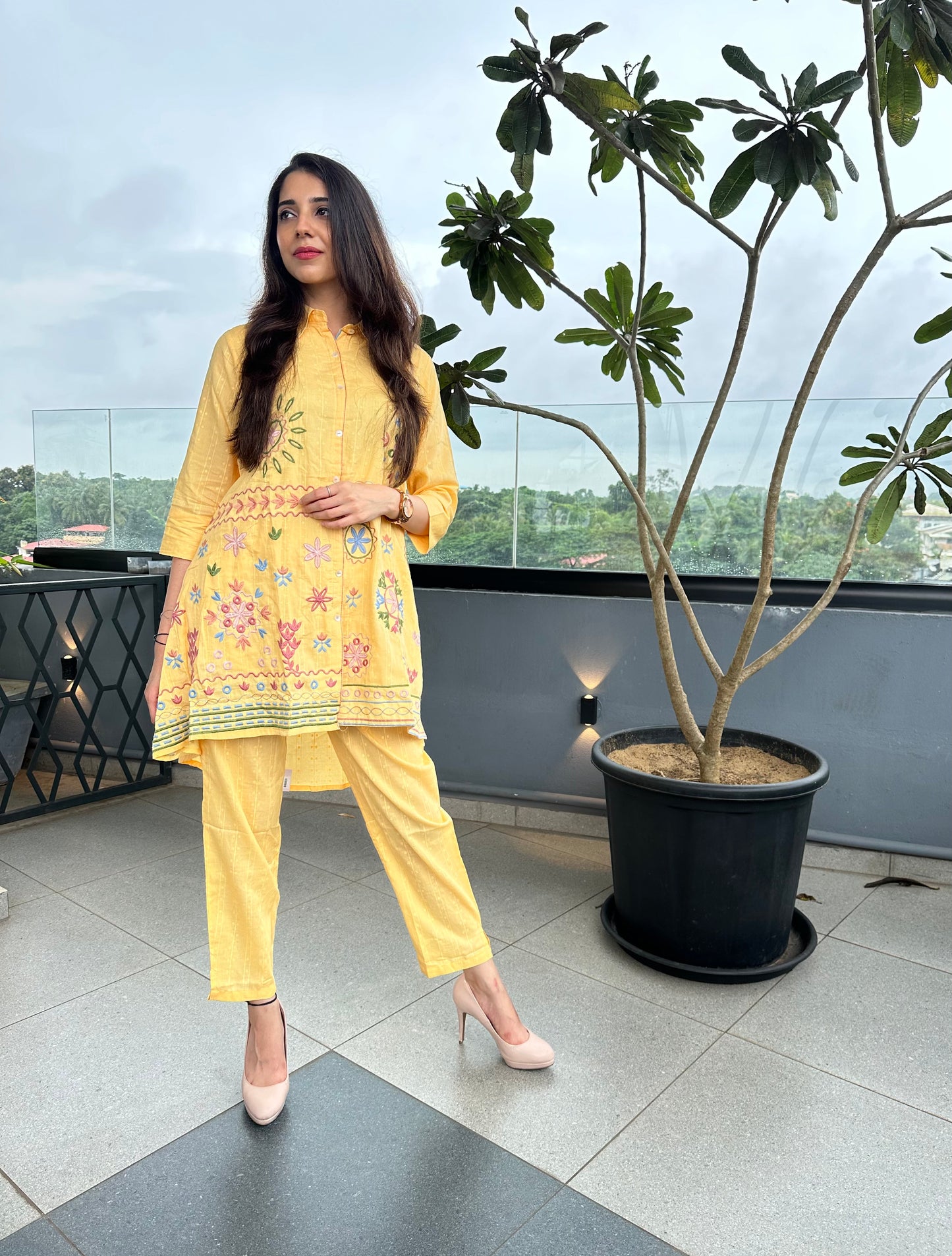 Floral Embroidered Sunrise Yellow Cotton Co-ord Set