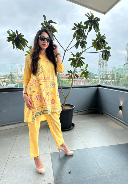 Floral Embroidered Sunrise Yellow Cotton Co-ord Set