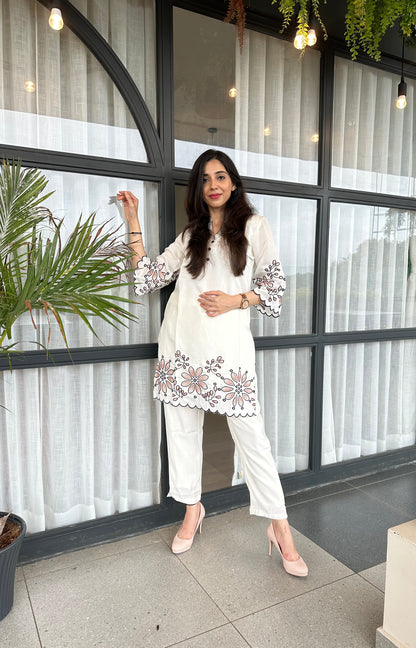 Floral Embroidered Pearl White Cotton Co-ord Set