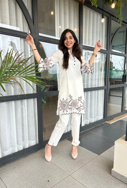 Floral Embroidered Pearl White Cotton Co-ord Set