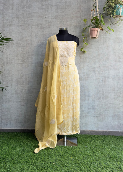 Champagne Yellow Pure Muslin Satin with Embroidery Work